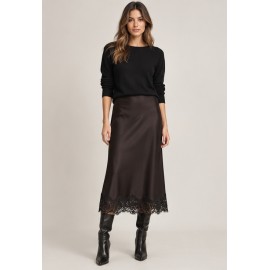 Falda midi satinada encaje mujer