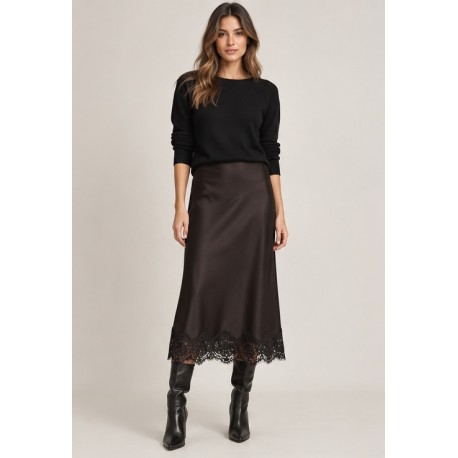 Falda midi satinada encaje mujer